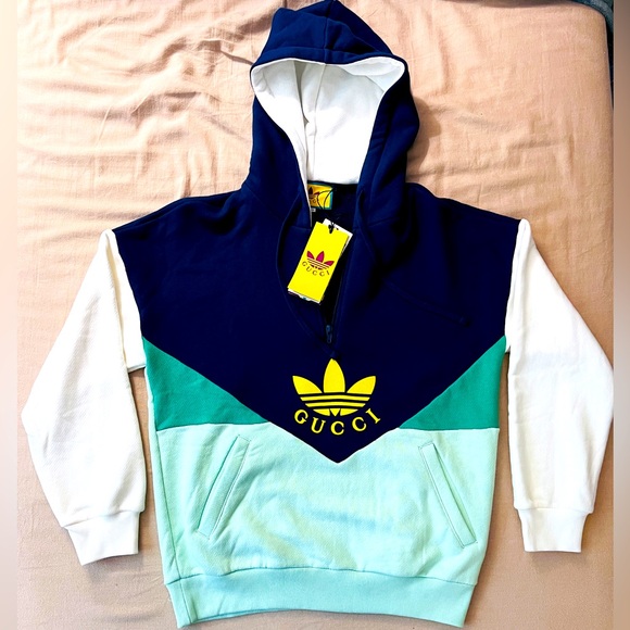 BRAND NEW GUCCI x ADIDAS Sweatshirt Hoodie White/Blue/Teal/Yellow! - Picture 1 of 9